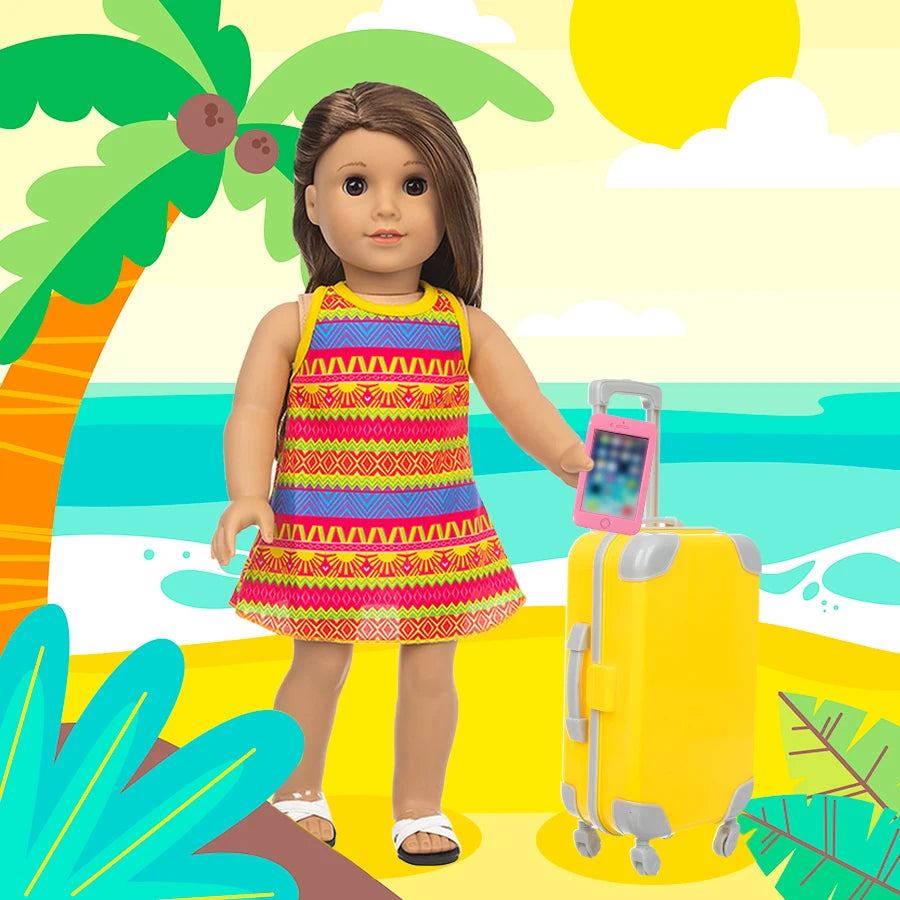18Inch Doll Clothes Yellow Dress Lovely Travel Suitcase American Doll Summer Outfit Pineapple sunglasses Baby Toys Girl's Gift
