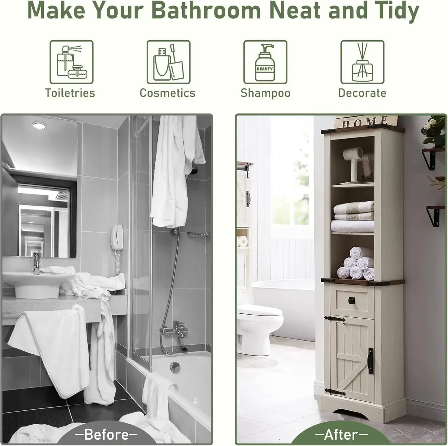 Bathroom Storage Cabinet, Farmhouse Storage Cabinet with Adjustable Shelves & Storage Drawer, Tall Linen Tower for Bathroom