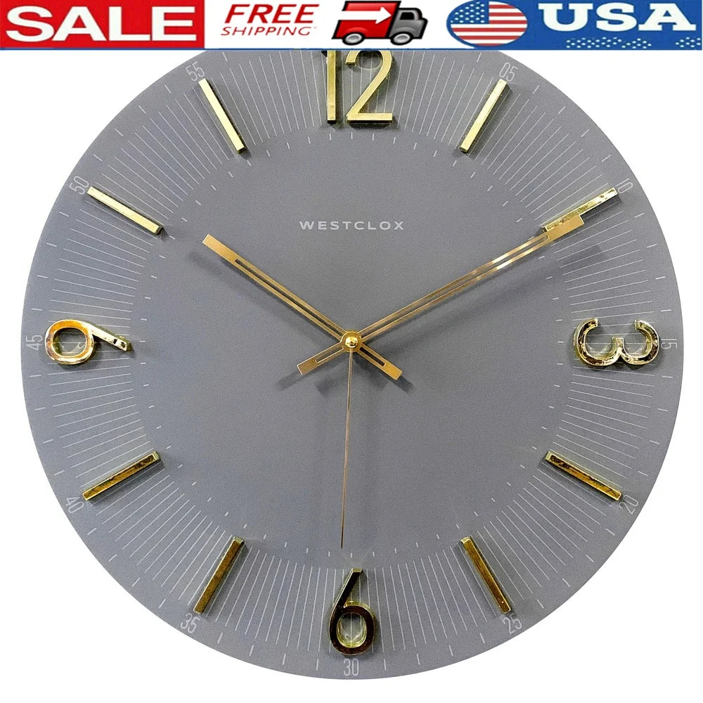 Contemporary 16 Inch Analog Wall Clock Gray with Raised Gold Numbers Quartz Movement Home Office Decor