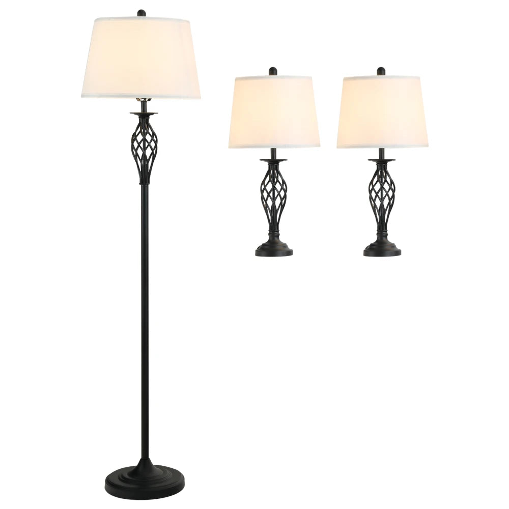 3 Piece Table Floor Lamp Mid Century Modern Lamp for Bedroom Mid-Century Lamp with Metal Pole Round Base and Fabric Lampshade