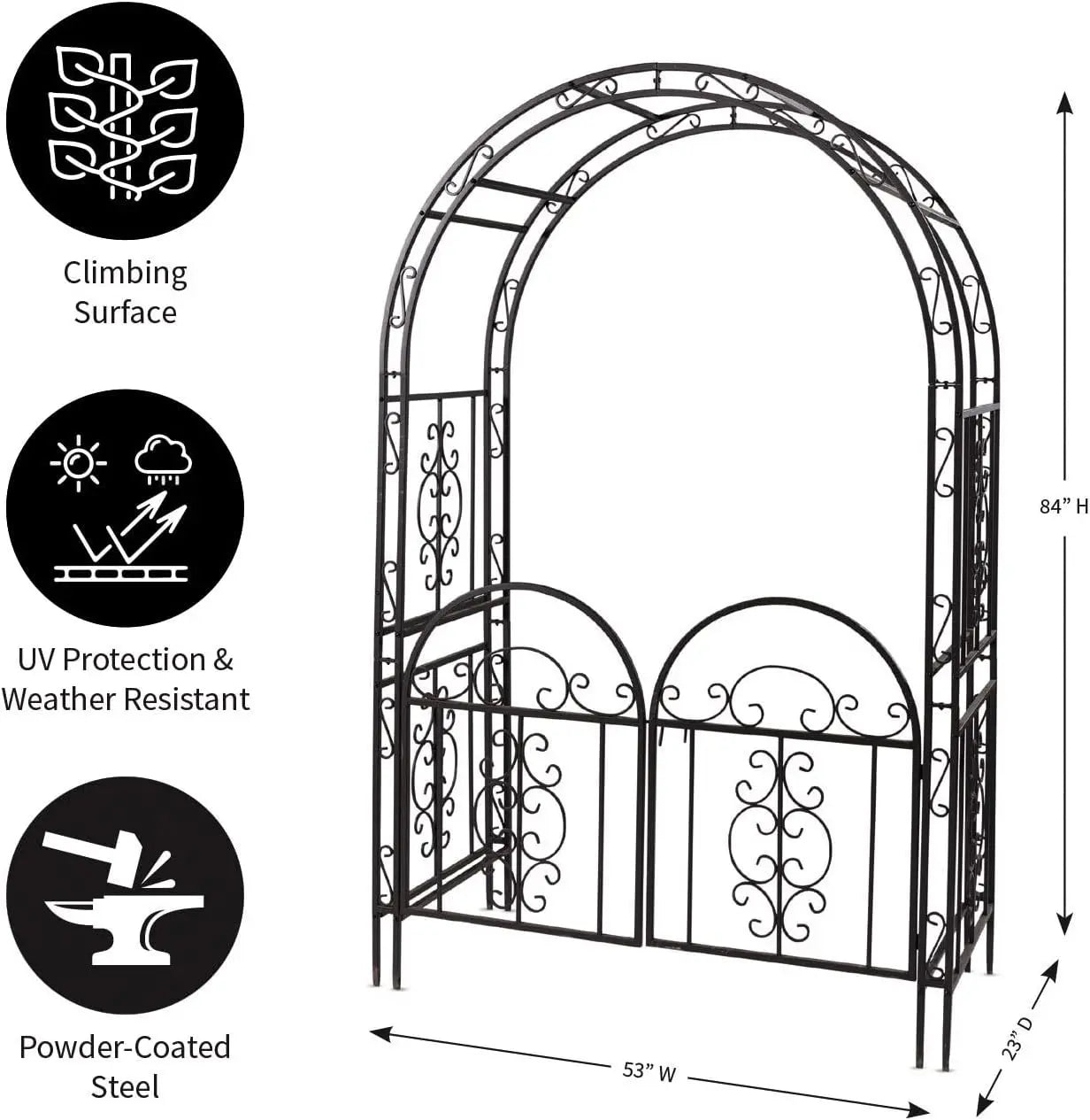 Arch Metal Outdoor Garden Arbor Double Gate,Montebello,7 Feet Tall,Gunmetal Black,Trellis Lattice Climbing Plants