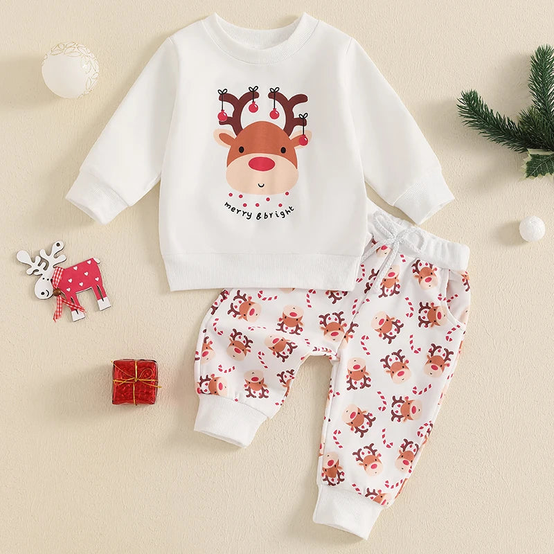 Toddler Boys Christmas Outfits Deer Print Long Sleeve Sweatshirts and Long Pants 2Pcs Clothes Set