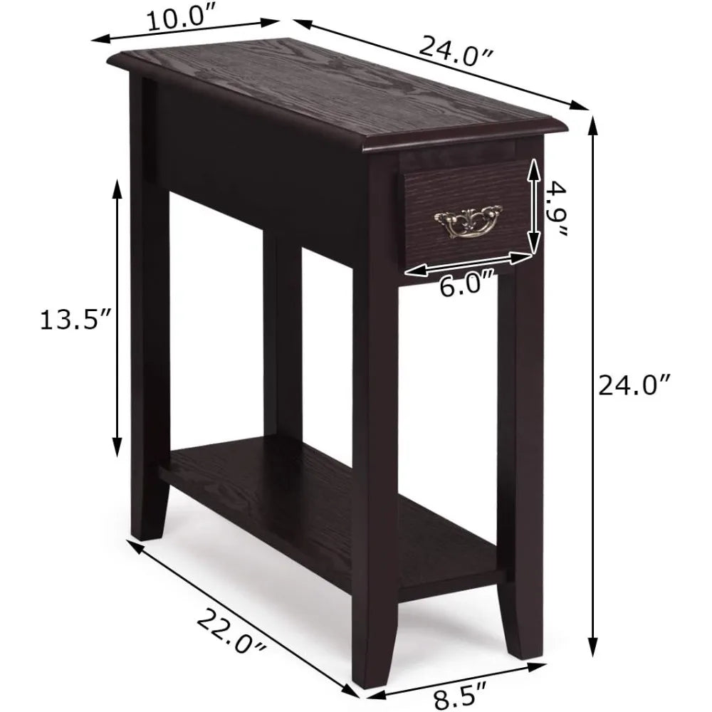 Narrow End Table, Slim Side Table with Drawer and Open Shelf, Small End Tables for Small Spaces, Narrow Nightstand Bedside Tabl