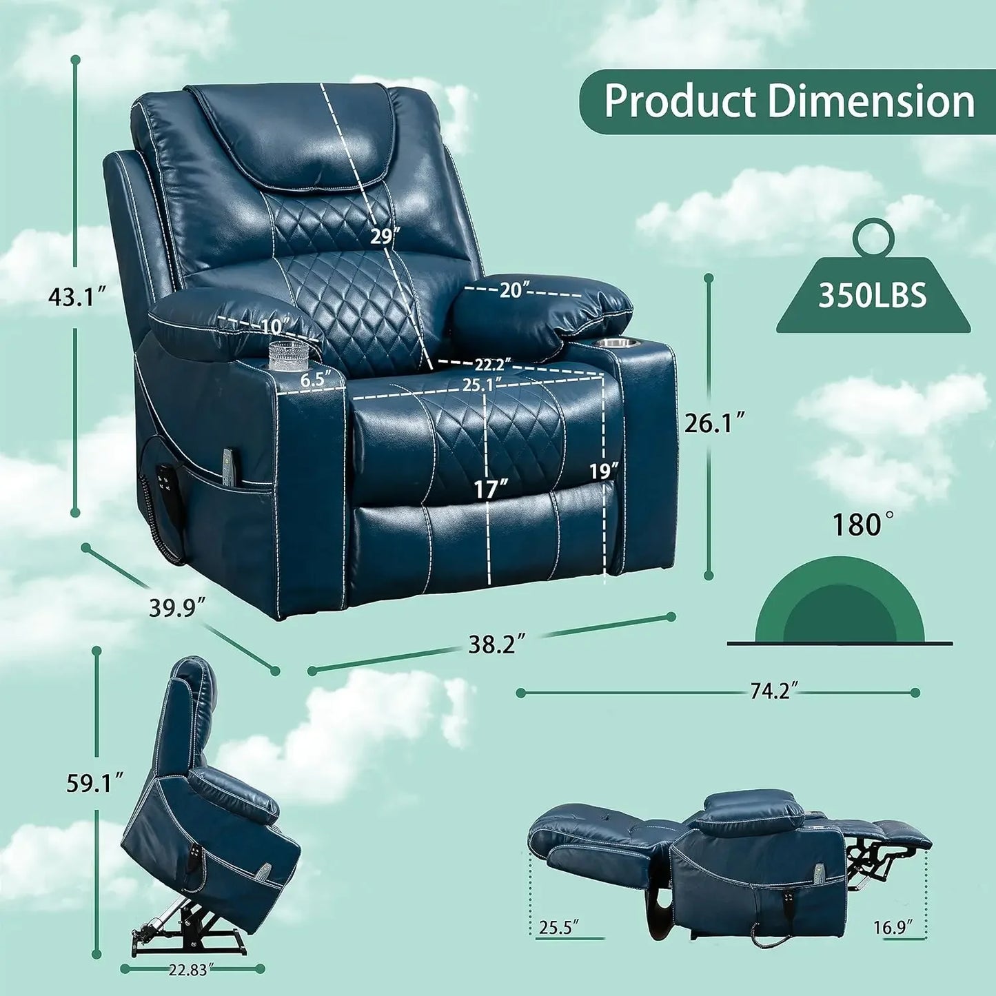 Power Lift Chair for Elderly 9968Pro, Lay Flat Recliner with Massage, Dual OKIN Motors, Remote Control, Breathable Leather,