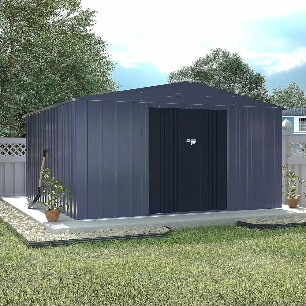 10' x 10' Outdoor Storage Shed with Thicken Galvanized Steel, Metal Shed with Lockable Doors, Lawn Tool Outdoor Shed