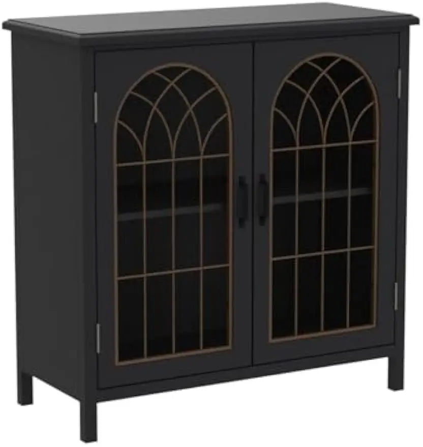 Sideboard Buffet Cabinet Accent Storage Cabinet with Metal Church Window Door for Kitchen Dining Room Entryway, Dark Grey
