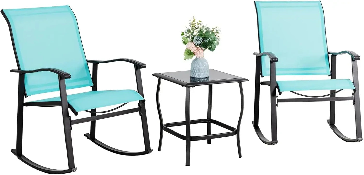 3 Piece Outdoor Rocking Bistro Set, Textilene Fabric Small Patio Furniture Set, Front Porch Rocker Chairs Conversation Set with