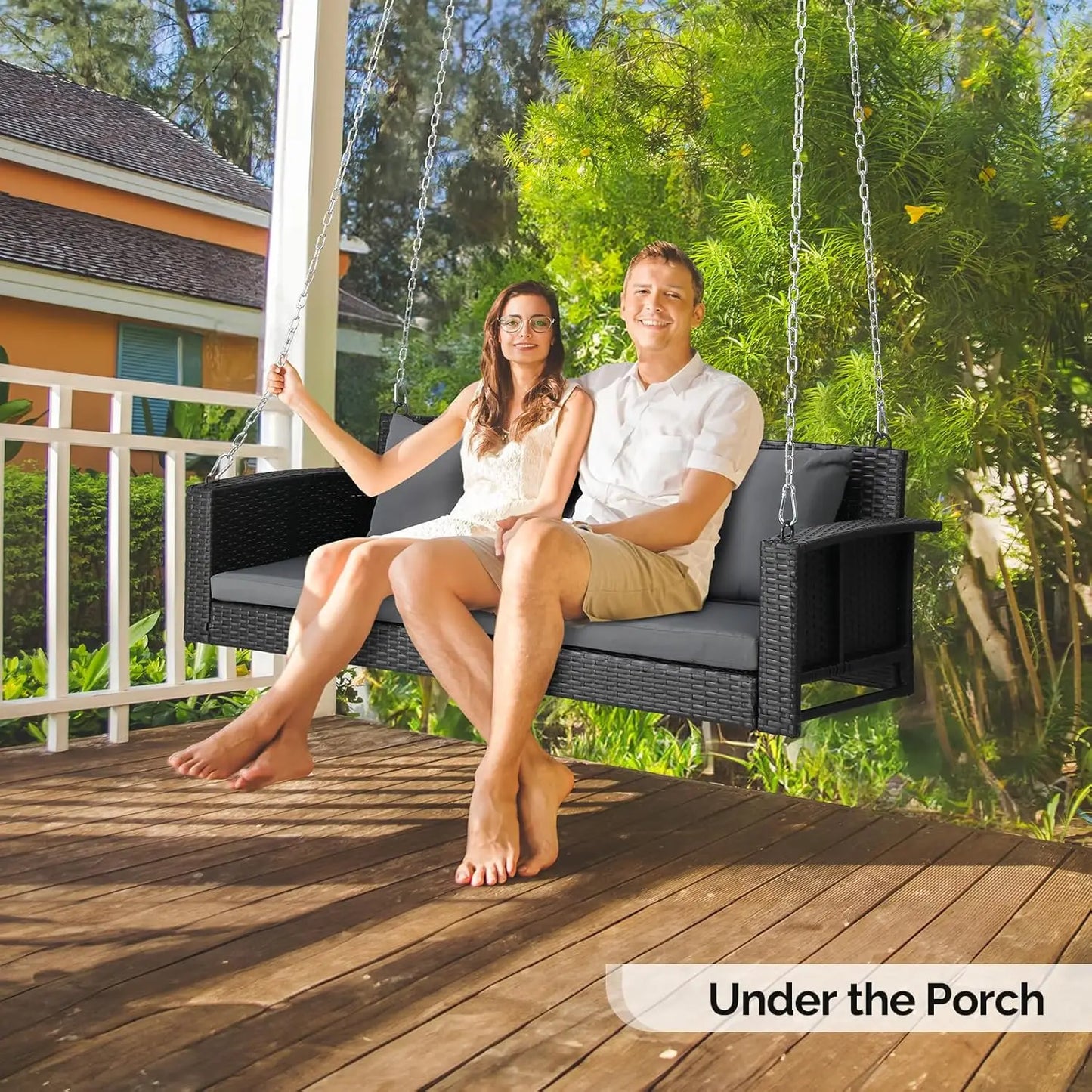 Heavy Duty 800 LBS Wicker Hanging Porch Swing with Cushions & Chains, 5FT Outdoor Rattan Swing Bench for Garden,Black