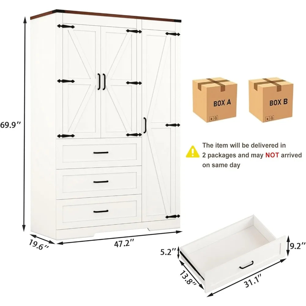 Wardrobes, Freestanding Clothing Storage Cabinet, Wooden Armoire Wardrobe Closet for Bedroom,Farmhouse Armoire with Hanging Rod
