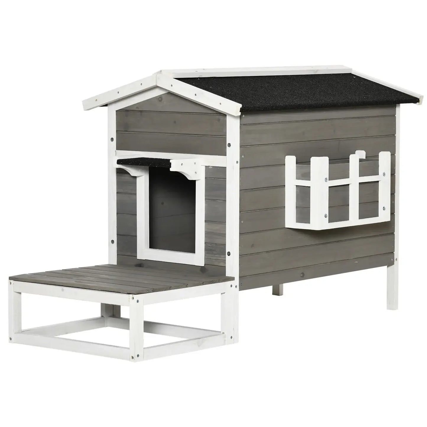Wood Luxury Raised Outdoor Indoor Dog Cage Cat House with Balcony Grey
