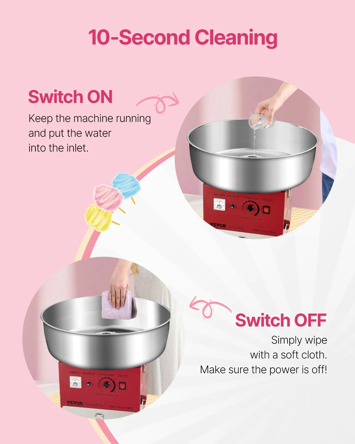 VEVOR Electric Cotton Candy Machine 1000W Commercial Candy Floss Maker with 20.5 in Stainless Steel Bowl Easy Home Use for Party