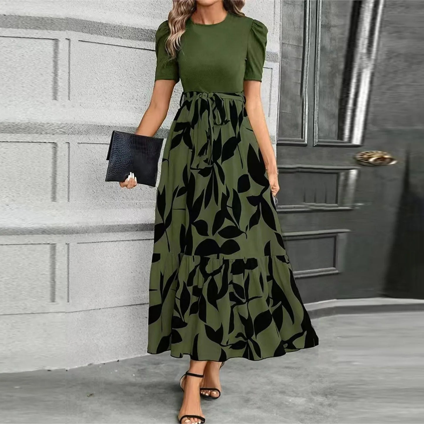 Round Neck Color Blocked Dress Women's Short Sleeved Floral Print A Line Dresses Autumn Elegant Party Dress Robe