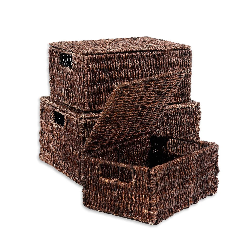 Seagrass Storage Baskets Set of 3 with Lids Organizing Bedroom Laundry Kitchen Natural Earthy Style