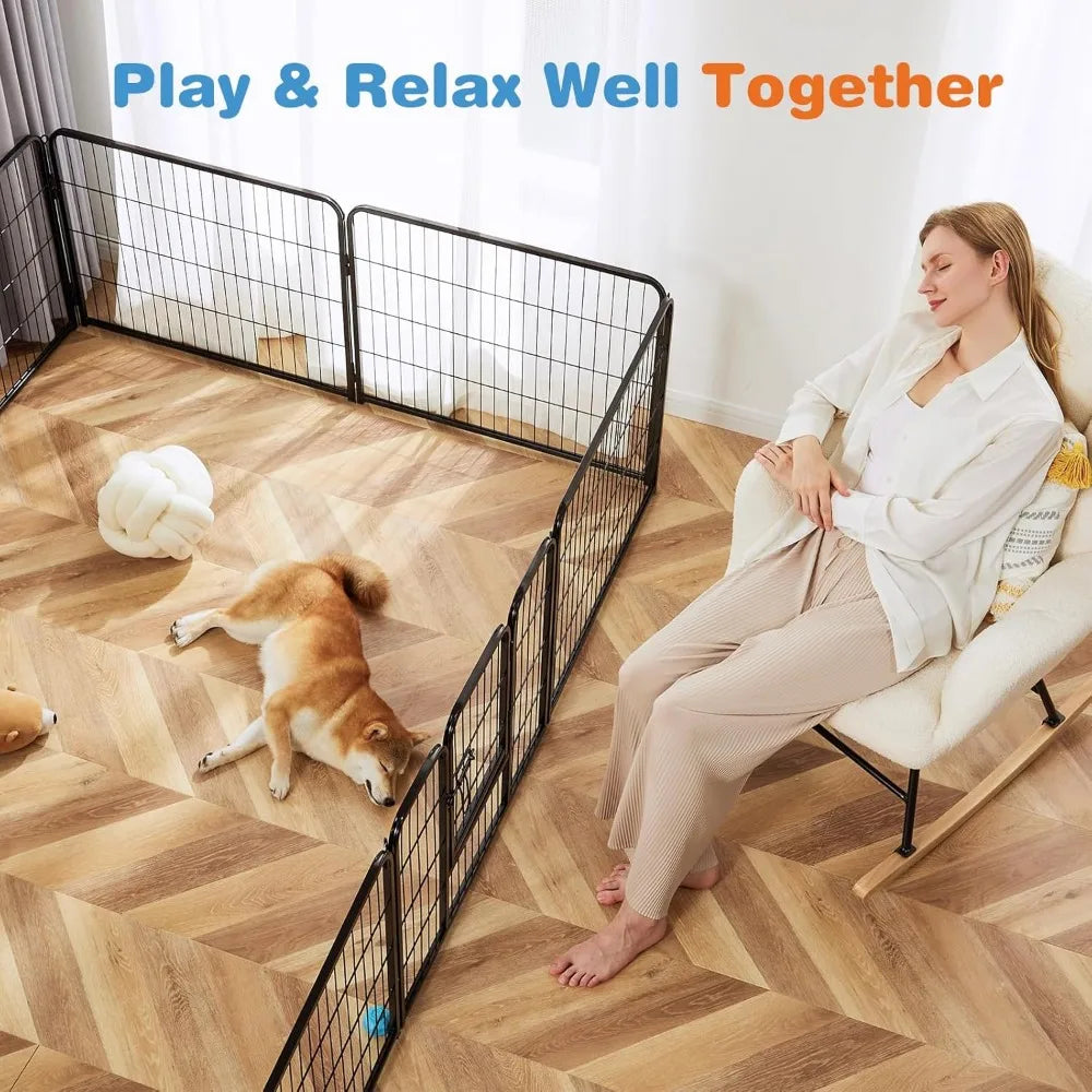 Dog Playpen Indoor - Pet Fence Exercise Pen for Yard Gate 16 Panels Foldable Puppy Playpens with Doors Metal Dog Pen