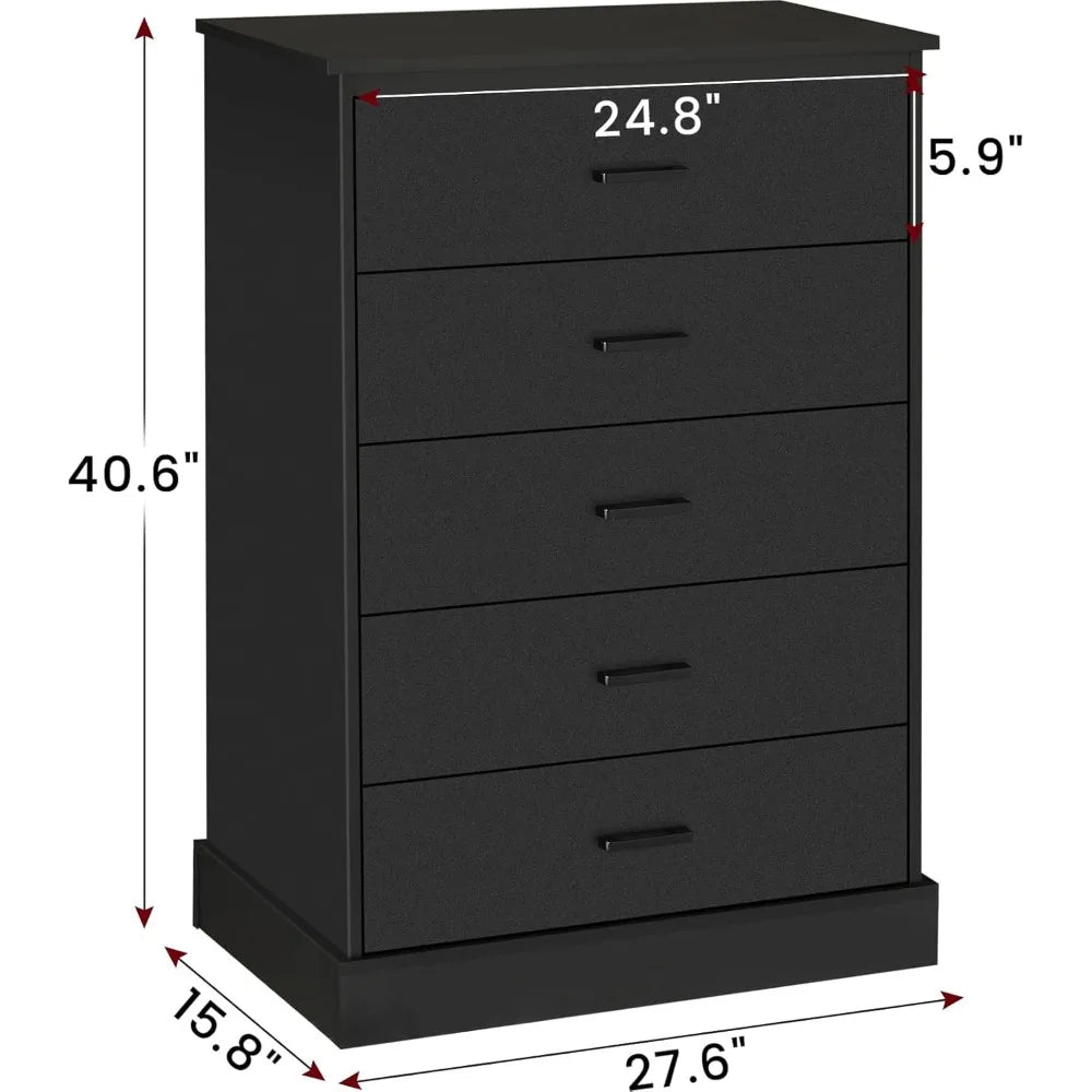 Black Dresser for Bedroom, 5 Drawer Dresser with Sturdy Base, Wooden Large Capacity Storage Cabinet, Tall Chest of 5 Drawers