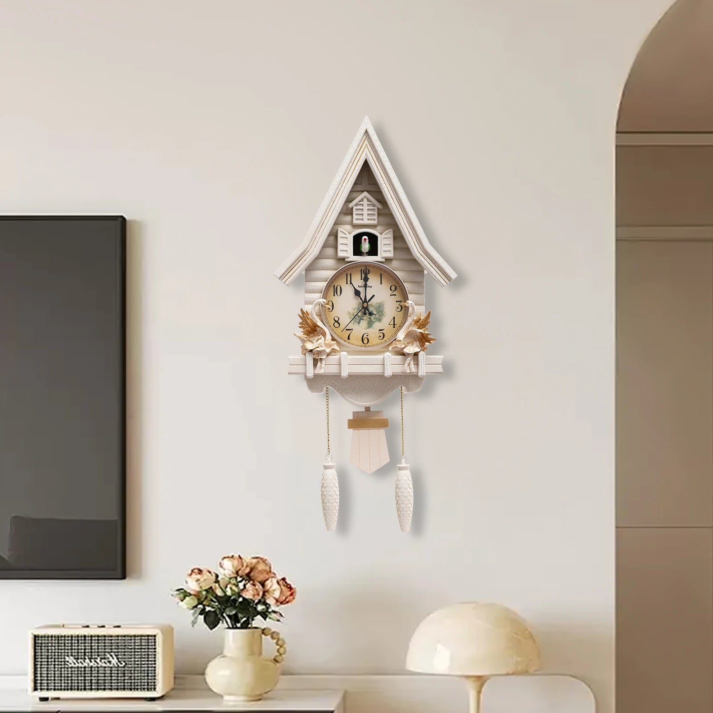 White Cuckoo Wall Clock Antique Battery Operated Creative Wall Clock 12.8*4.33*27.2in