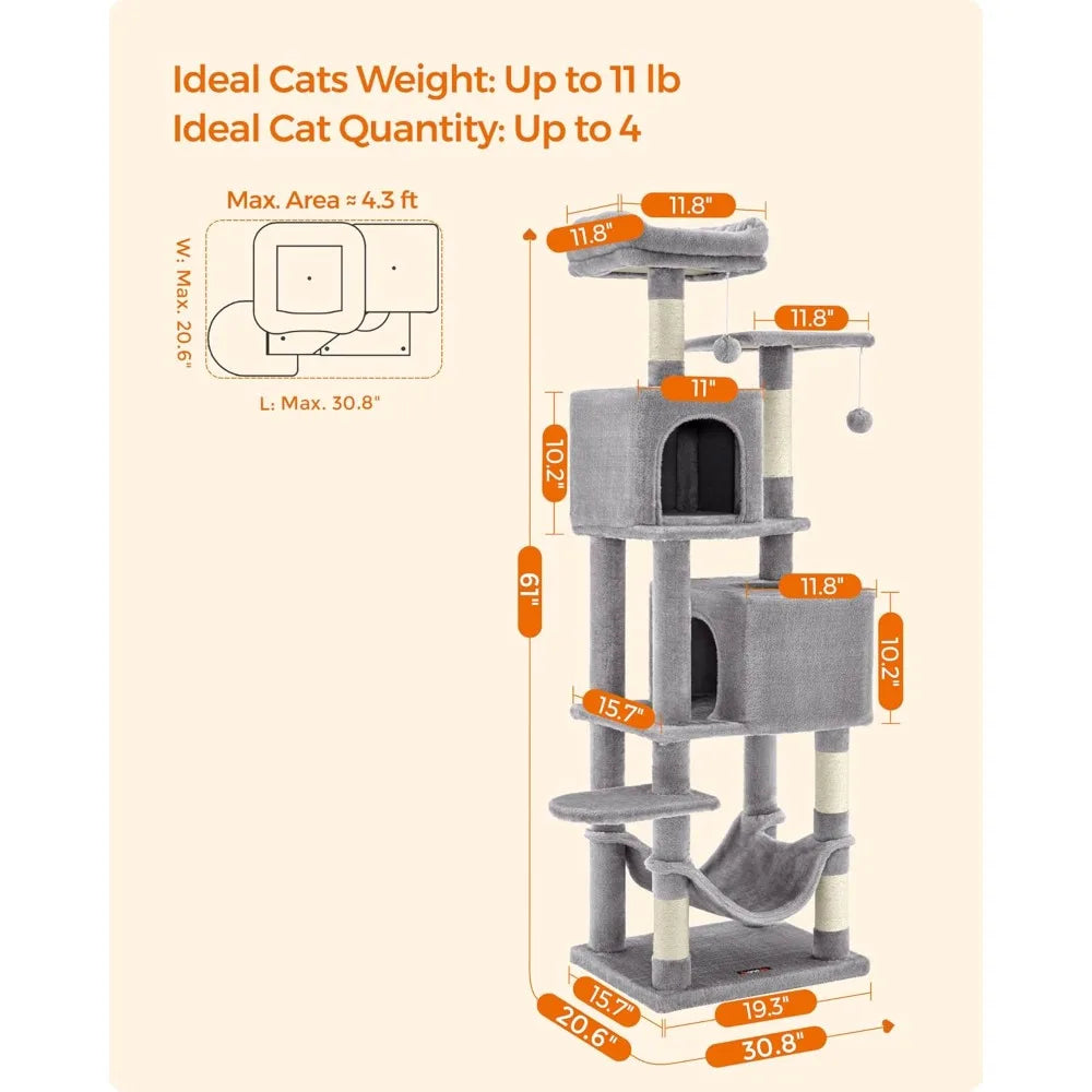 Feandrea Cat Tree, 61-Inch Cat Tower for Indoor Cats, Plush Multi-Level Cat Condo with 5 Scratching Posts, 2 Perches, 2 Caves, H