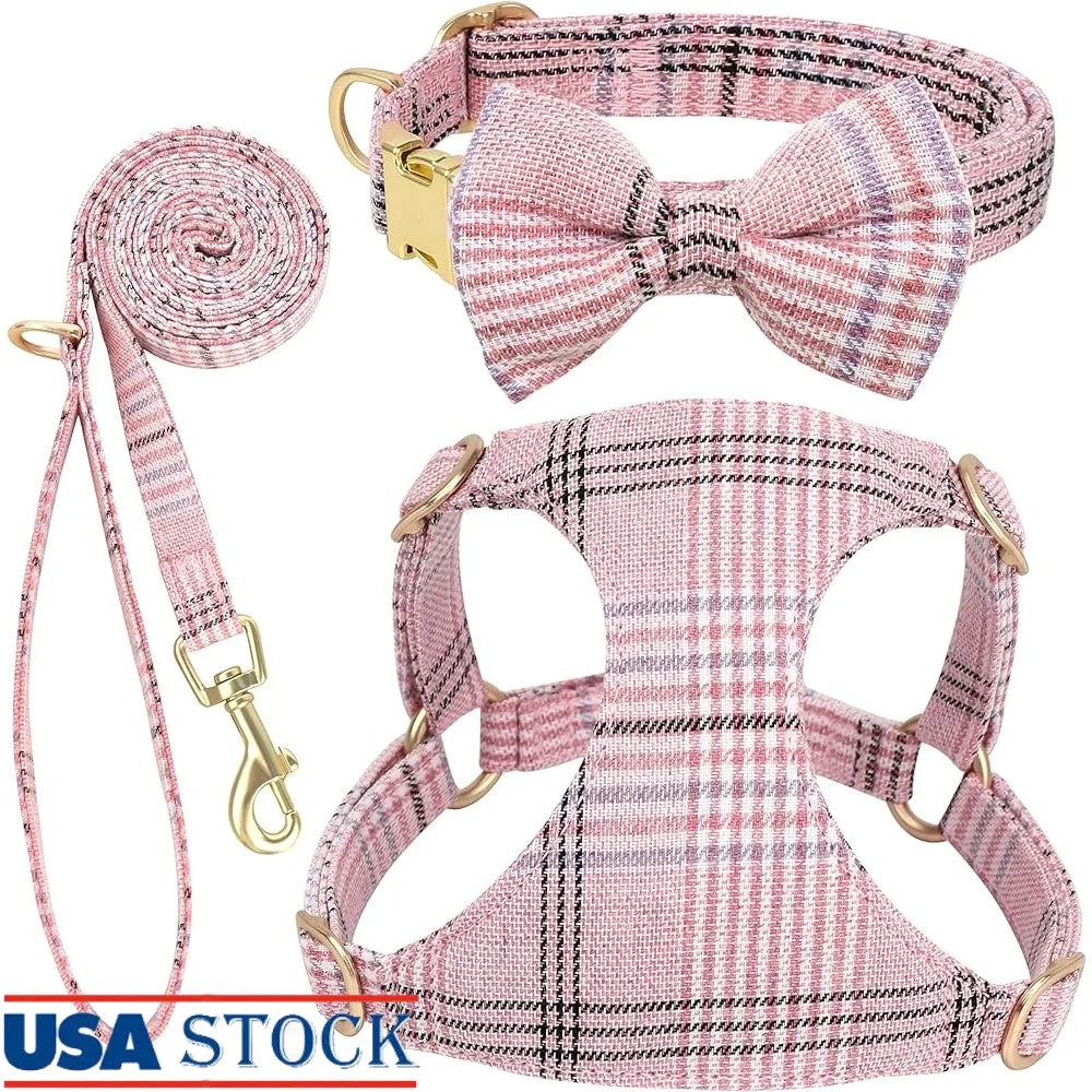 Cute Small Dog Harness Collar Leash Set Adjustable Soft Plaid Design XS Dogs Cats Perfect Walks Parties