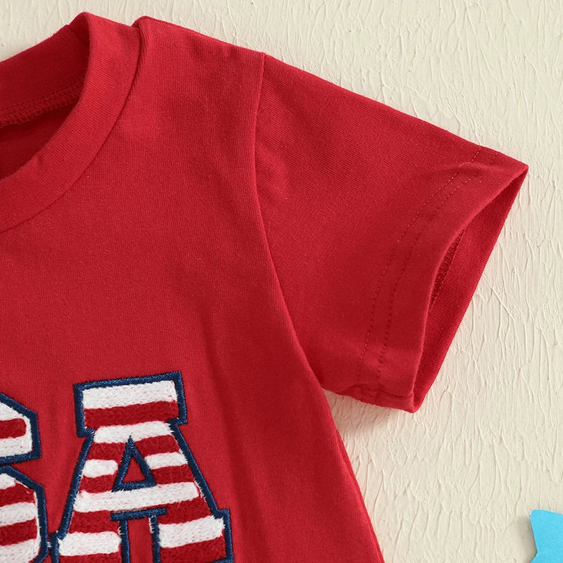 Infant Independence Day Oversized Design with Embroidered Message Round Neck Short Sleeve Baby Outfit for Fourth of July