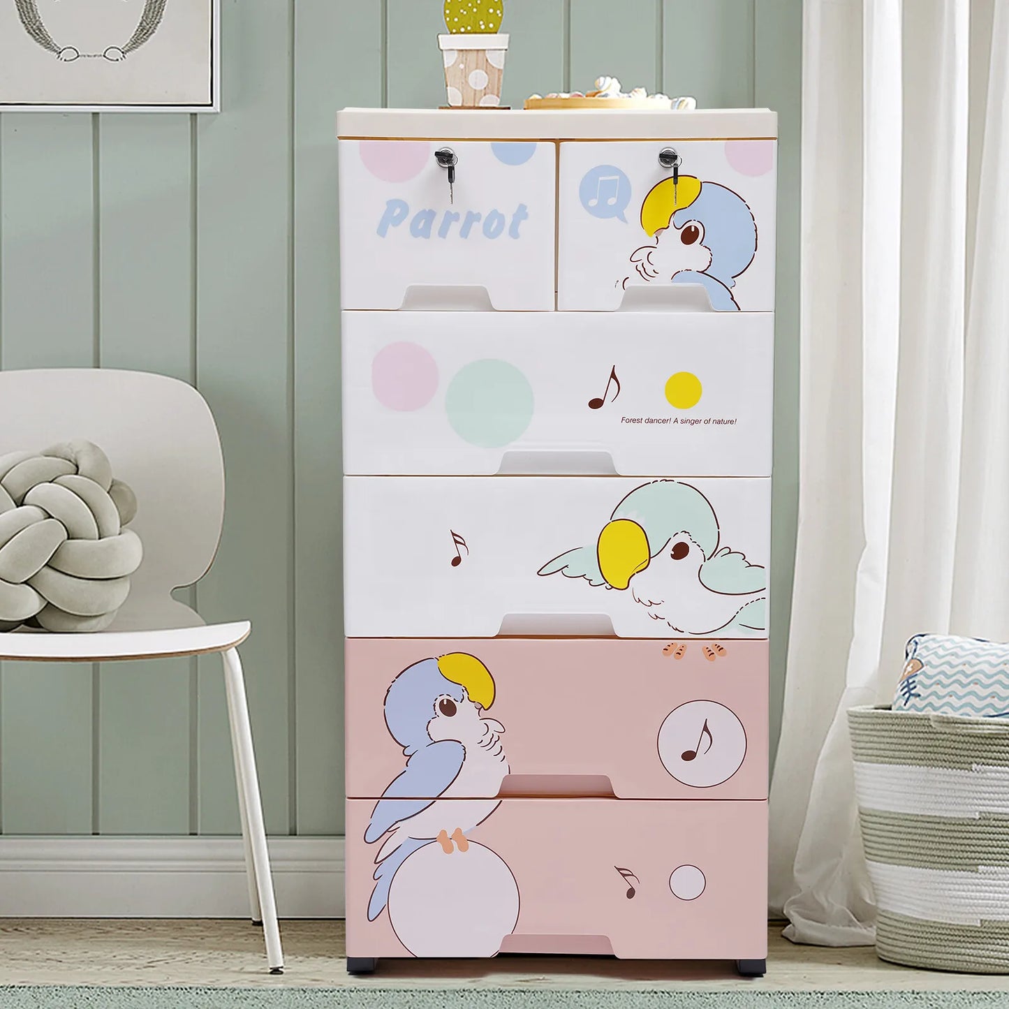 Kids Plastic Dresser – 6 Drawers, Parrot Pattern. 66Lbs Load, Lockable Drawers. For Nursery/Kids Room, Easy To Move & Clean