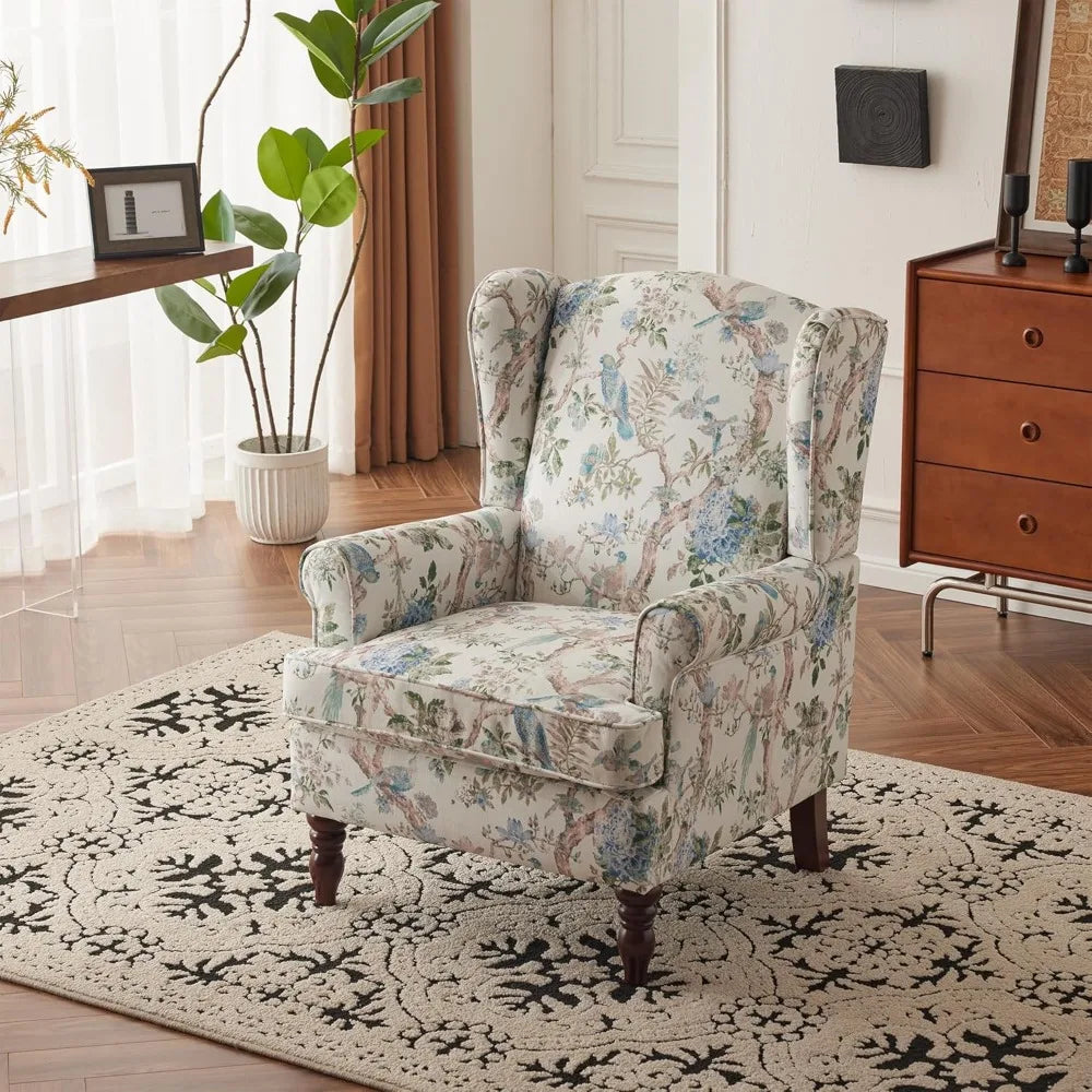Floral Accent Chair, High Back Upholstered Armchair with Solid Legs, Leisure Single Sofa Chair for Living Room, Bedroom, Home O