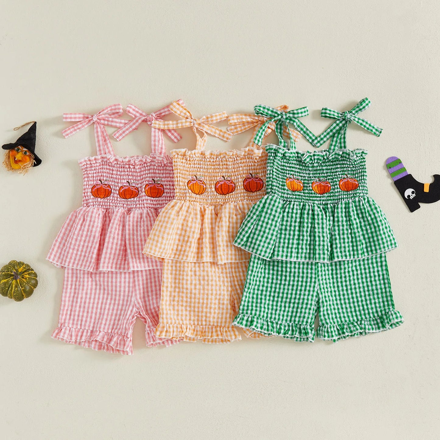 Summer Halloween Kids Girls Clothes Embroidery Pumpkin Camisole Plaid Shorts Romper Outfit