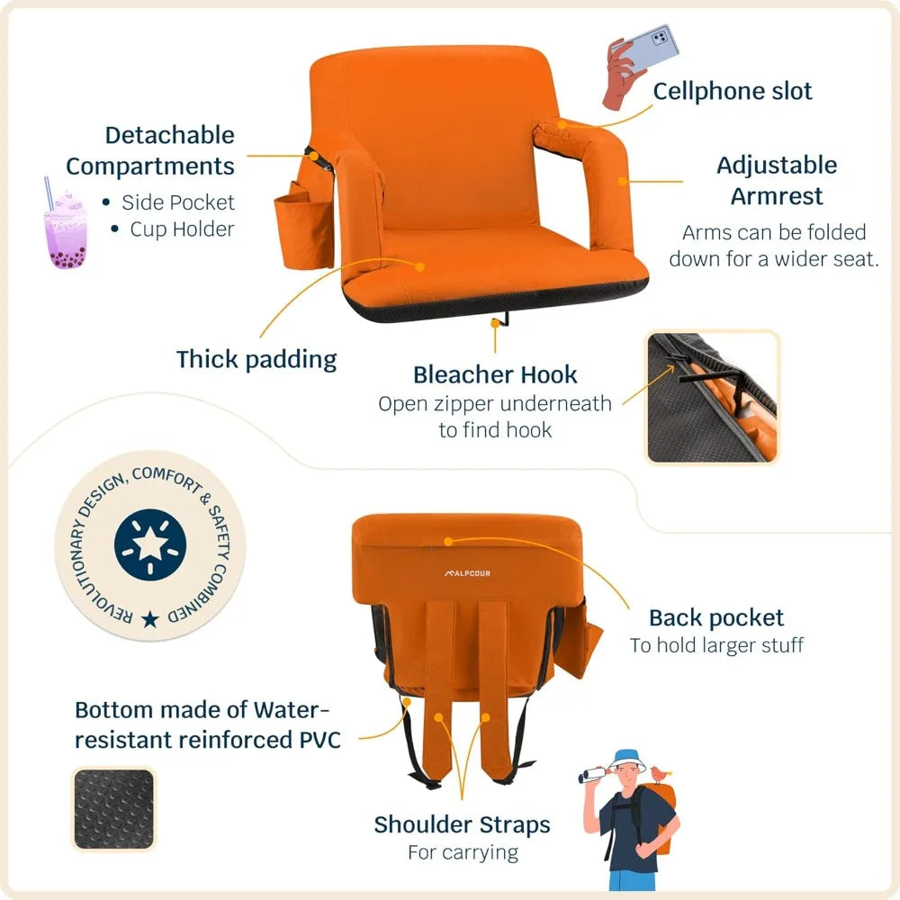 NEW Reclining Stadium Seat – Wide Bleacher Chair with Back Support and Cushion, Armrests, Side Pockets, and Bleachers Hook