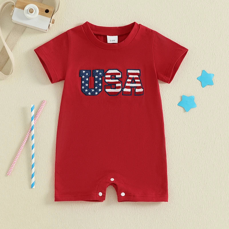 Infant Independence Day Oversized Design with Embroidered Message Round Neck Short Sleeve Baby Outfit for Fourth of July