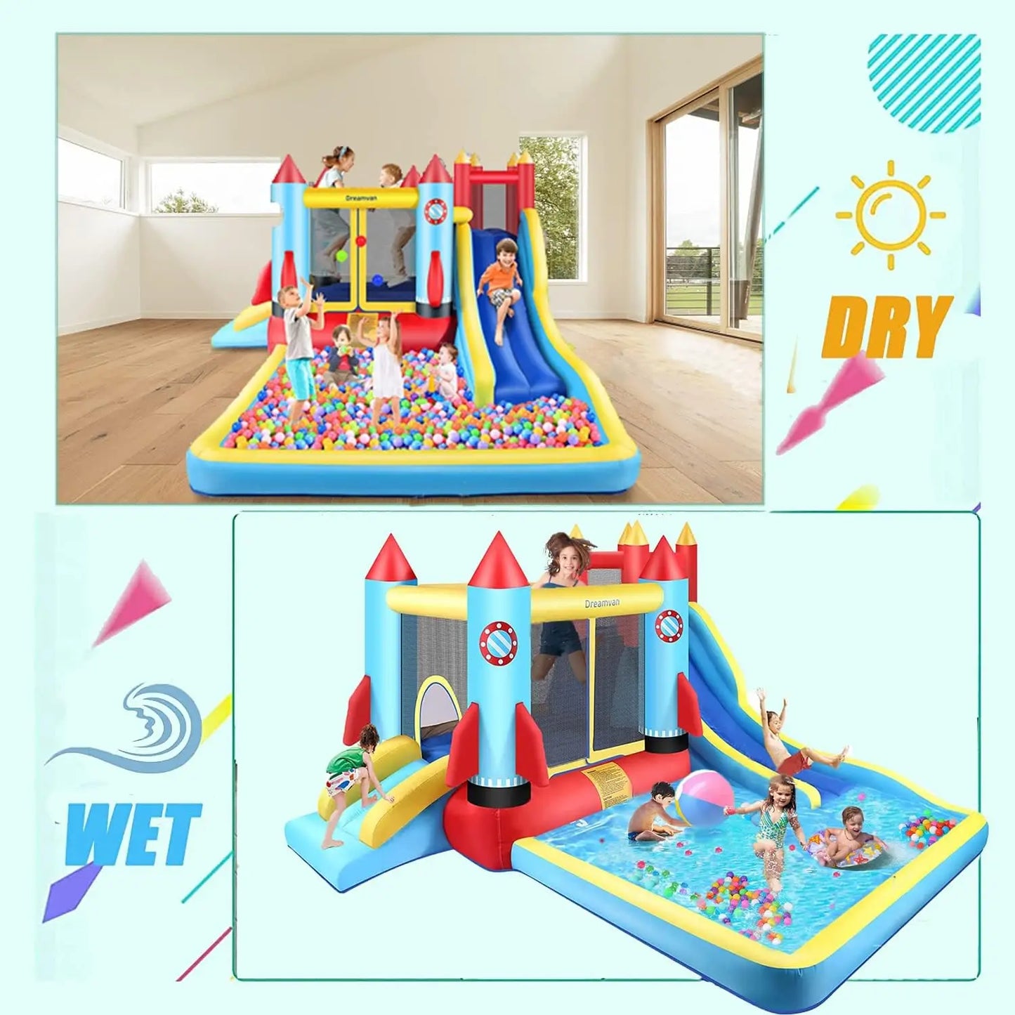 Bounce House,Inflatable Bounce Castle with Blower for Kids 3-12,Outdoor/Indoor Bouncy House Water Park for Backyard with 2 Splas