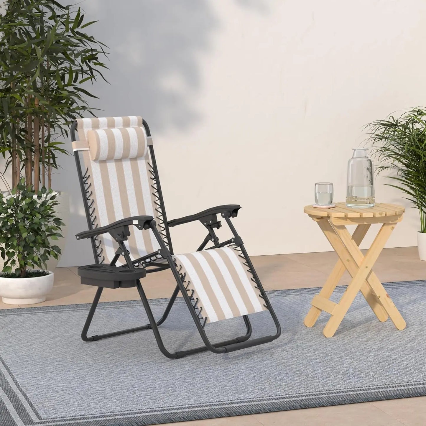 Set of 2 Adjustable Steel Mesh Zero Gravity Lounge Chair Recliners w/Pillows and Cup Holder Trays - Tan Striped