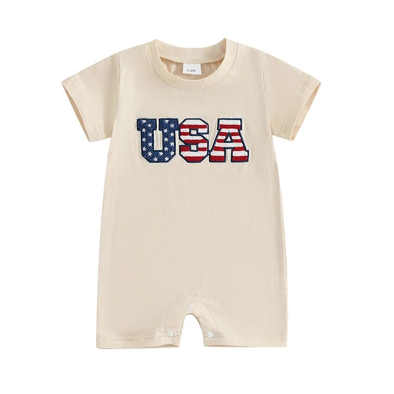 Infant Independence Day Oversized Design with Embroidered Message Round Neck Short Sleeve Baby Outfit for Fourth of July