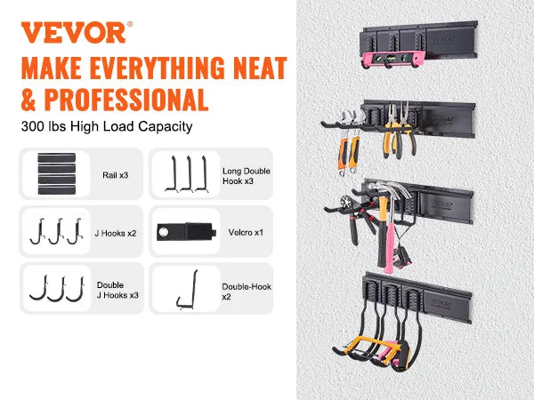 SucceBuy Garage Tool Organizer Wall Mount Yard Garden Heavy Duty Storage Rack W/ Adjustable Hook Rails for Shovels Trimmers Hose