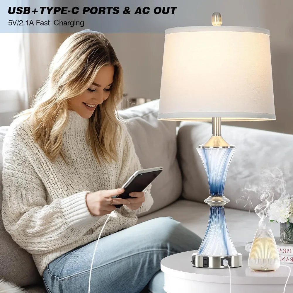 Blue Glass Table Lamp Set of 2 with USB C+A Ports & AC Outlet, Bedside Lamp, Modern Bedroom Lamps, Coastal Lamp for Night Stands