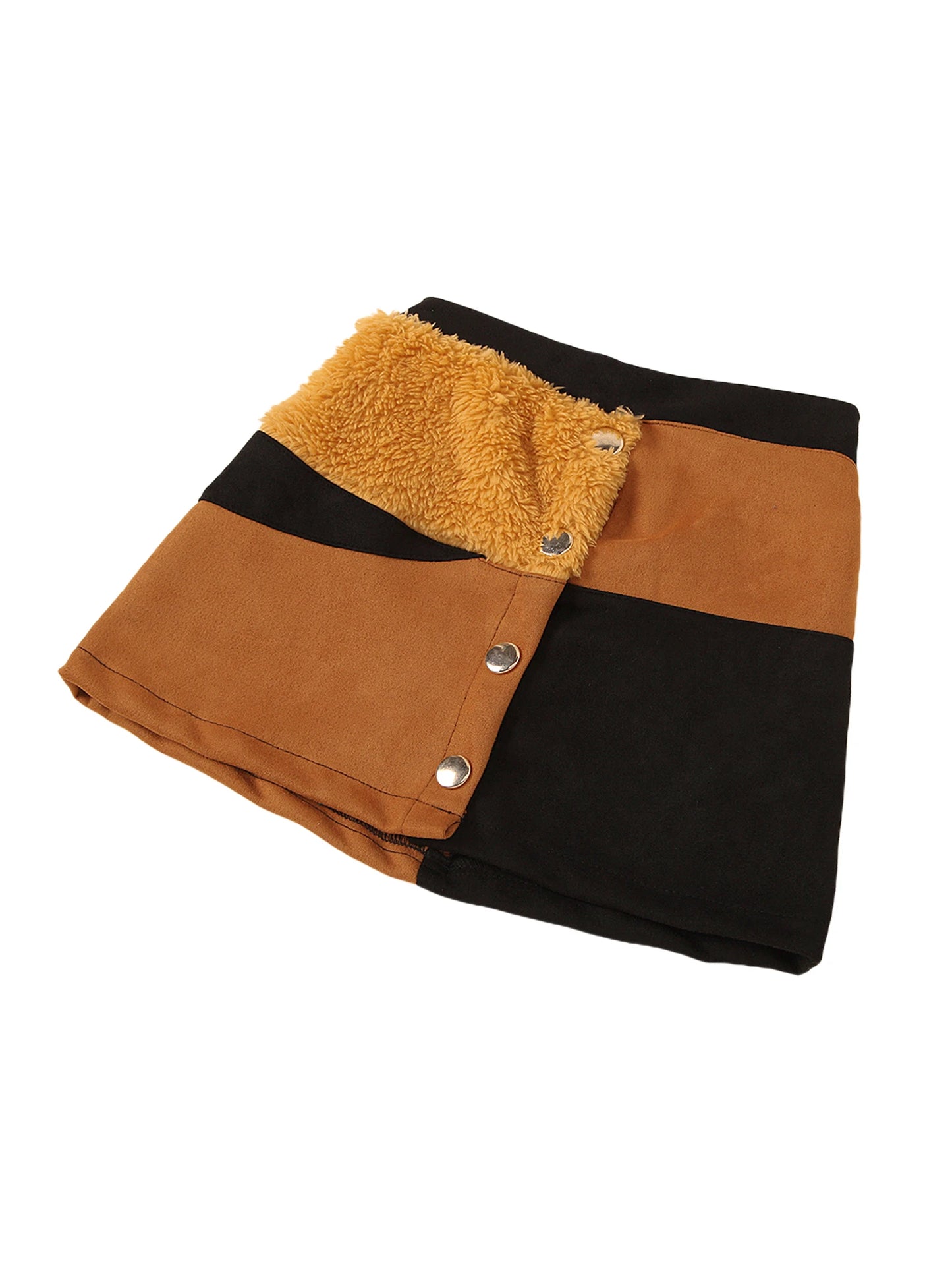 Children s Long Sleeve Knit Sweater and Buttoned Skirt Set Round Neck Bubble Sleeve Patchwork Outfit for Girls