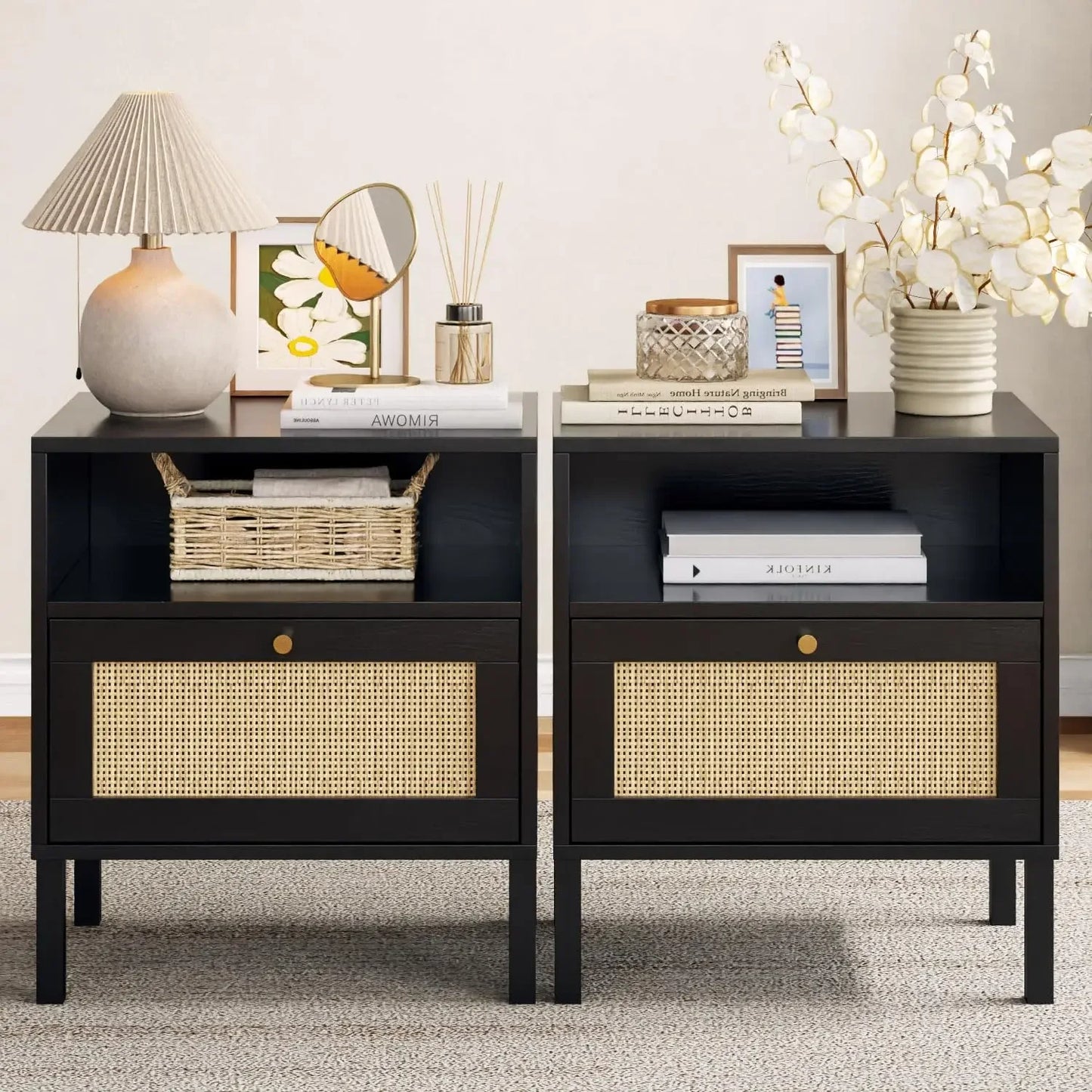 Rattan Night Stand Set 2, Boho Black Nightstands Set of 2, Bedside Table, End Table with Open Storage Space & Metal Le