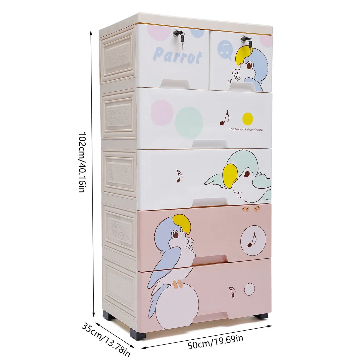 Kids Plastic Dresser – 6 Drawers, Parrot Pattern. 66Lbs Load, Lockable Drawers. For Nursery/Kids Room, Easy To Move & Clean