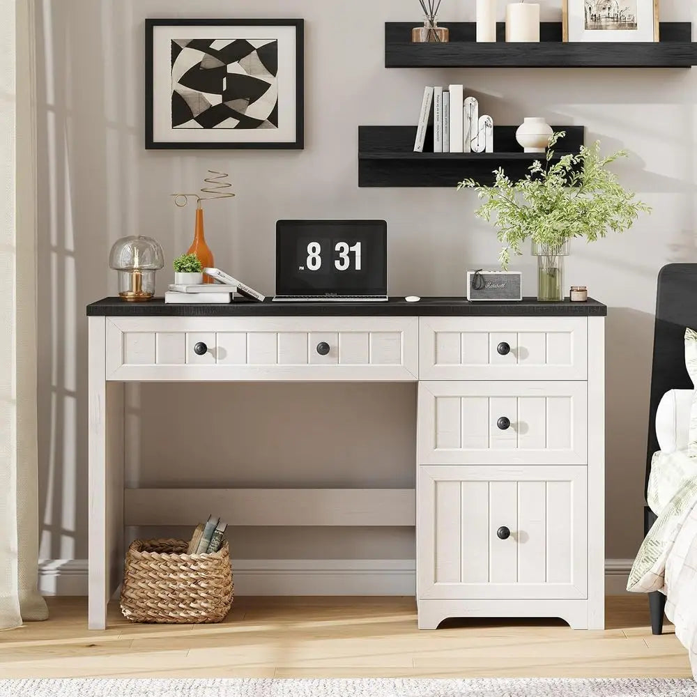Modern Executive Desk with 4 Drawers, Home Office Desk with 1 Drawer, Wooden Computer Desk with Storage, Rustic Office Desk for