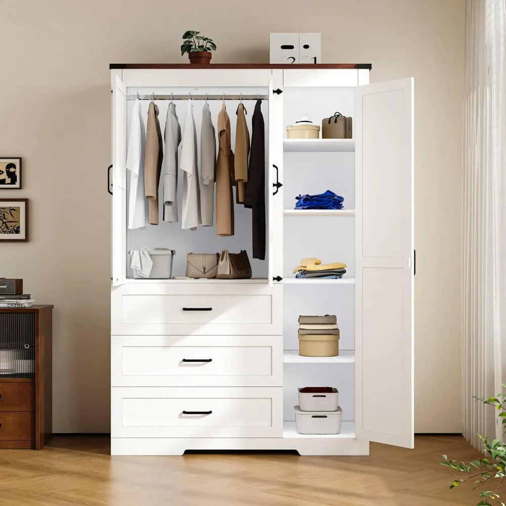 Wardrobes, Freestanding Clothing Storage Cabinet, Wooden Armoire Wardrobe Closet for Bedroom,Farmhouse Armoire with Hanging Rod