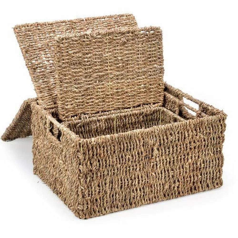 Set of 3 Seagrass Storage Baskets with Lids Decorative Wicker Bins Home Organization with Handles Perfect Storing Clutter