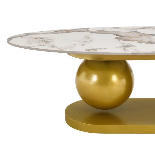 Modern Oval Coffee Table With Marble Pattern Sintered Stone Top Gold Base
