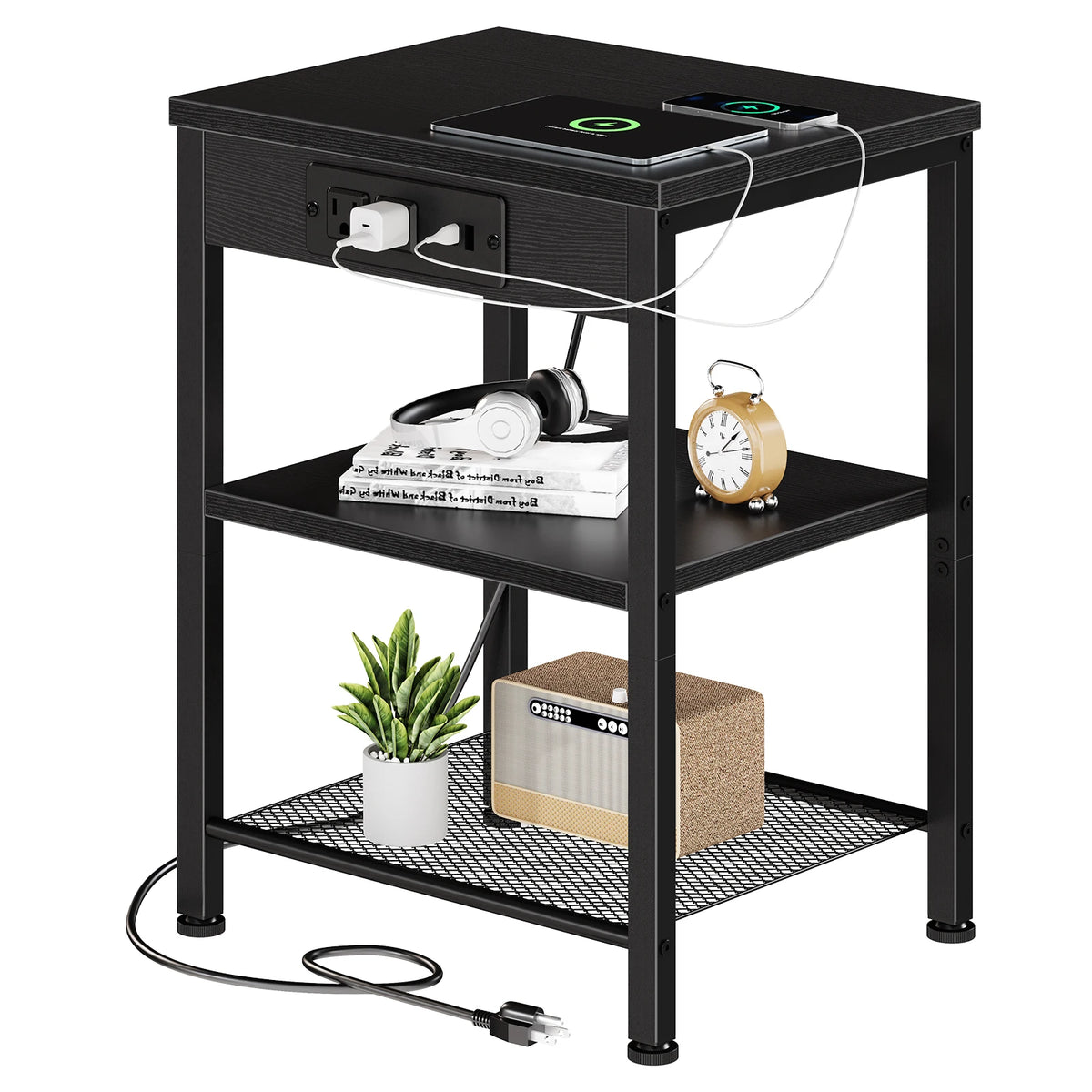 JHK 3 Tier Side Table Nightstand with Charging Station and USB Ports