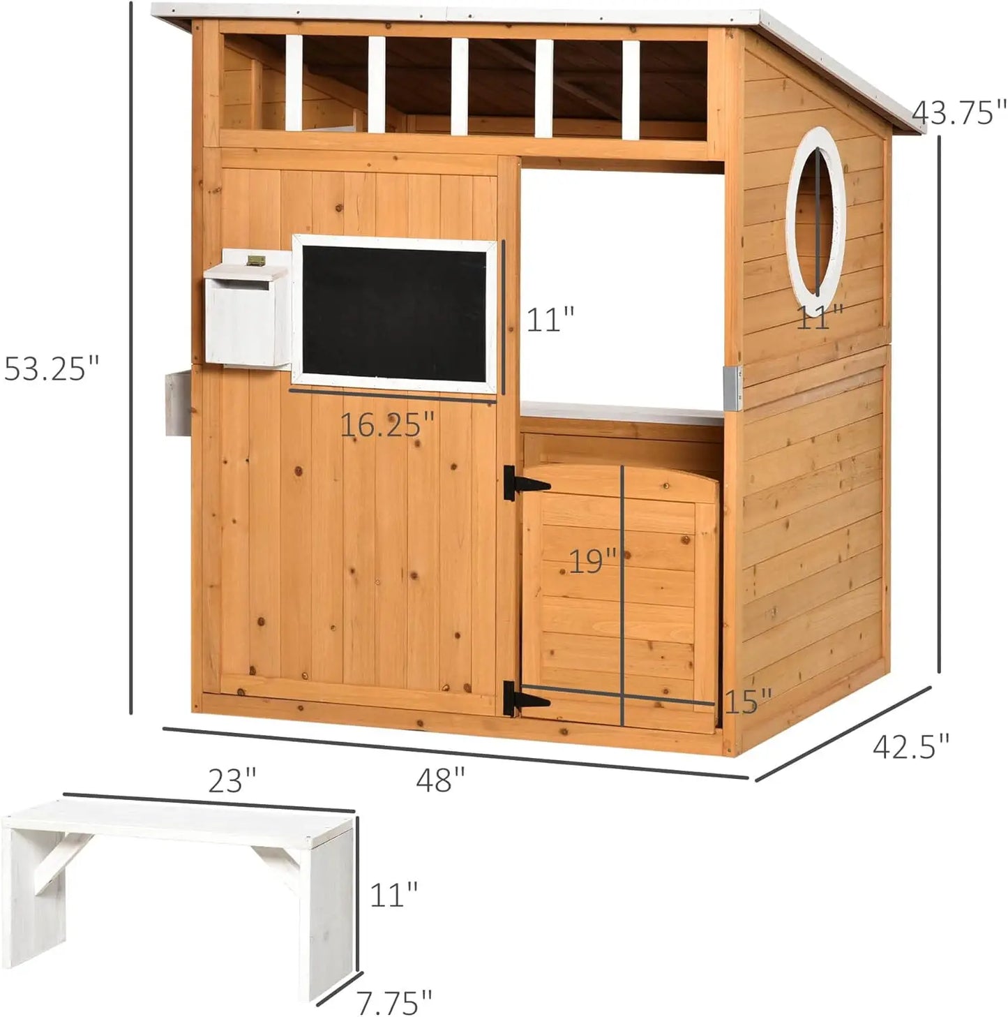 Wooden Playhouse for Kids Outdoor with Working Door, Windows, Mailbox, Bench, Flowers Pot Holder, 48" x 42.5" x 53"