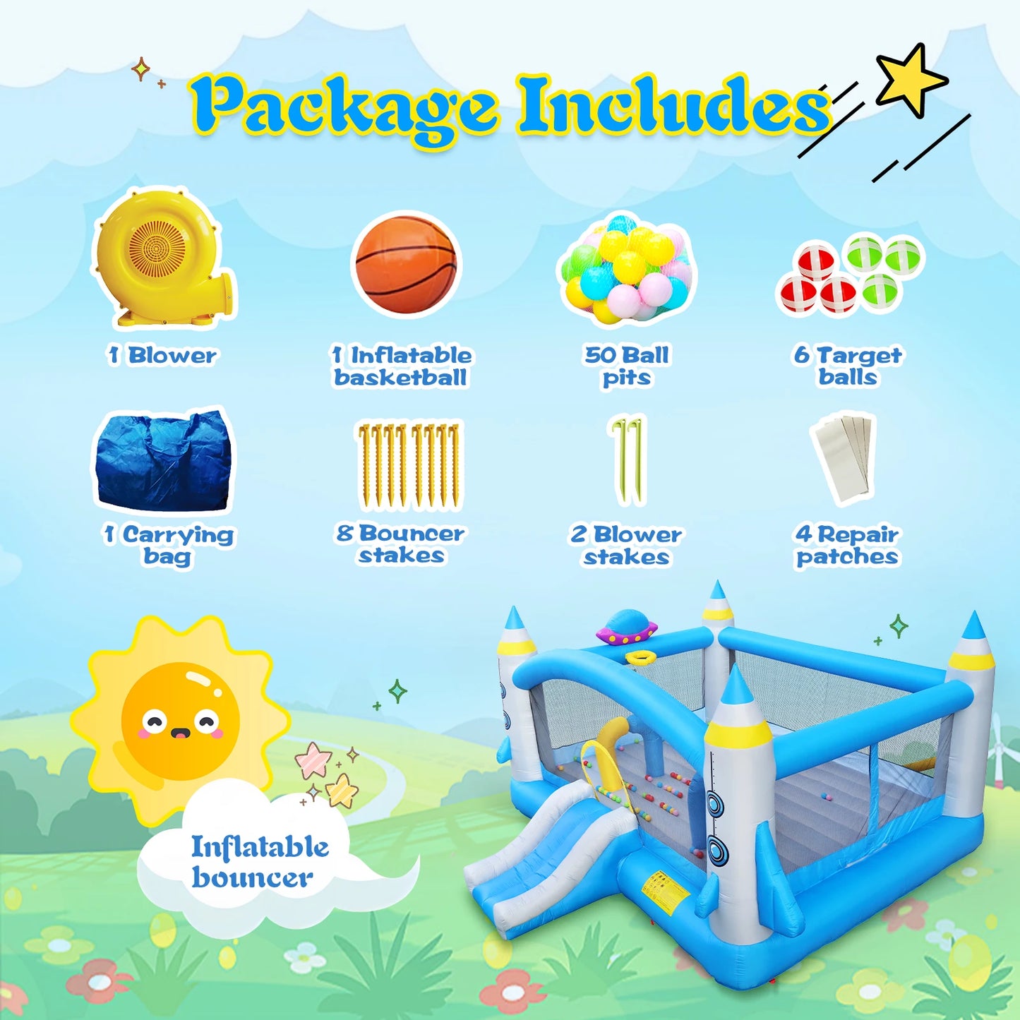 Kids Inflatable Bounce House With Long Slide Bouncing Area Basketball Hoop Heavy Duty Oxford Fabric Family Backyard Bouncy Castl