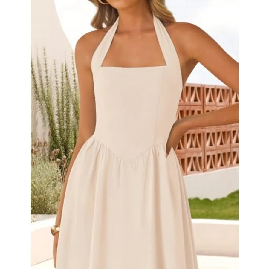 ZESICA Women's Summer Sleeveless Halter Midi Dress 2026 Off Shoulder High Waist Flowy Formal Wedding Guest Long Dresses