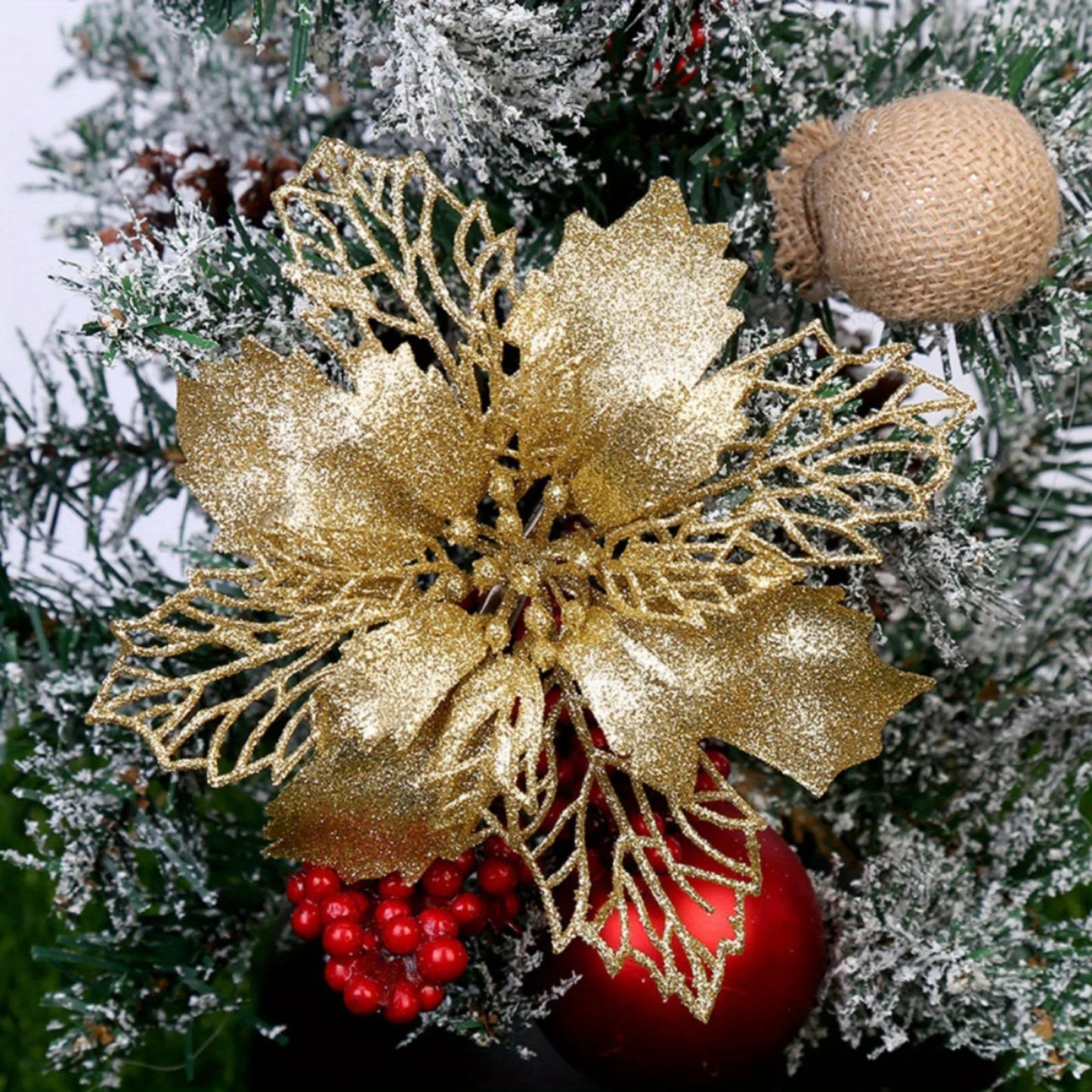 10pcs/set Christmas Glitter Flower 10cm Gold Silver Red Artificial Floral Head Xmas Tree Decoration Home New Year Navidad Gift