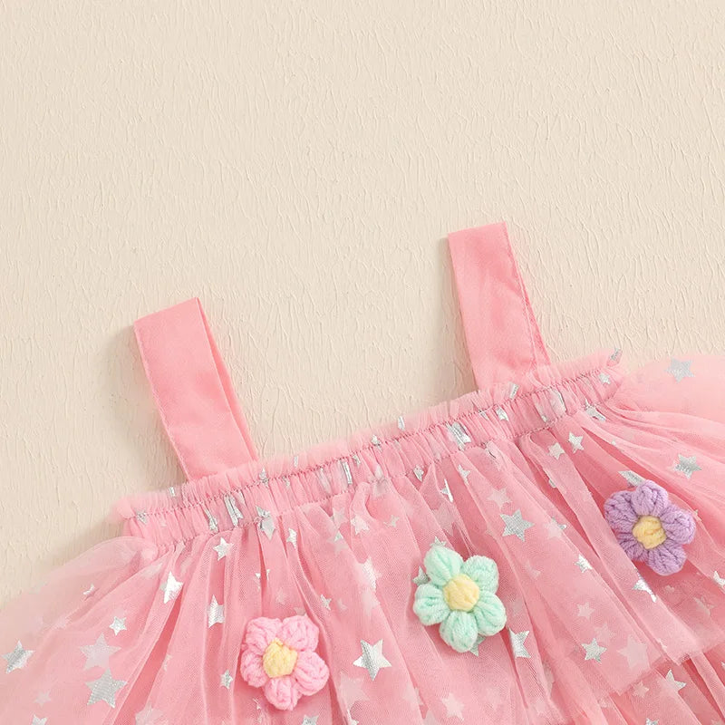 Kids Girls Dress Flower Decor Sequins Star Sleeveless Layered Tulle Casual Dress Toddler Summer Dress