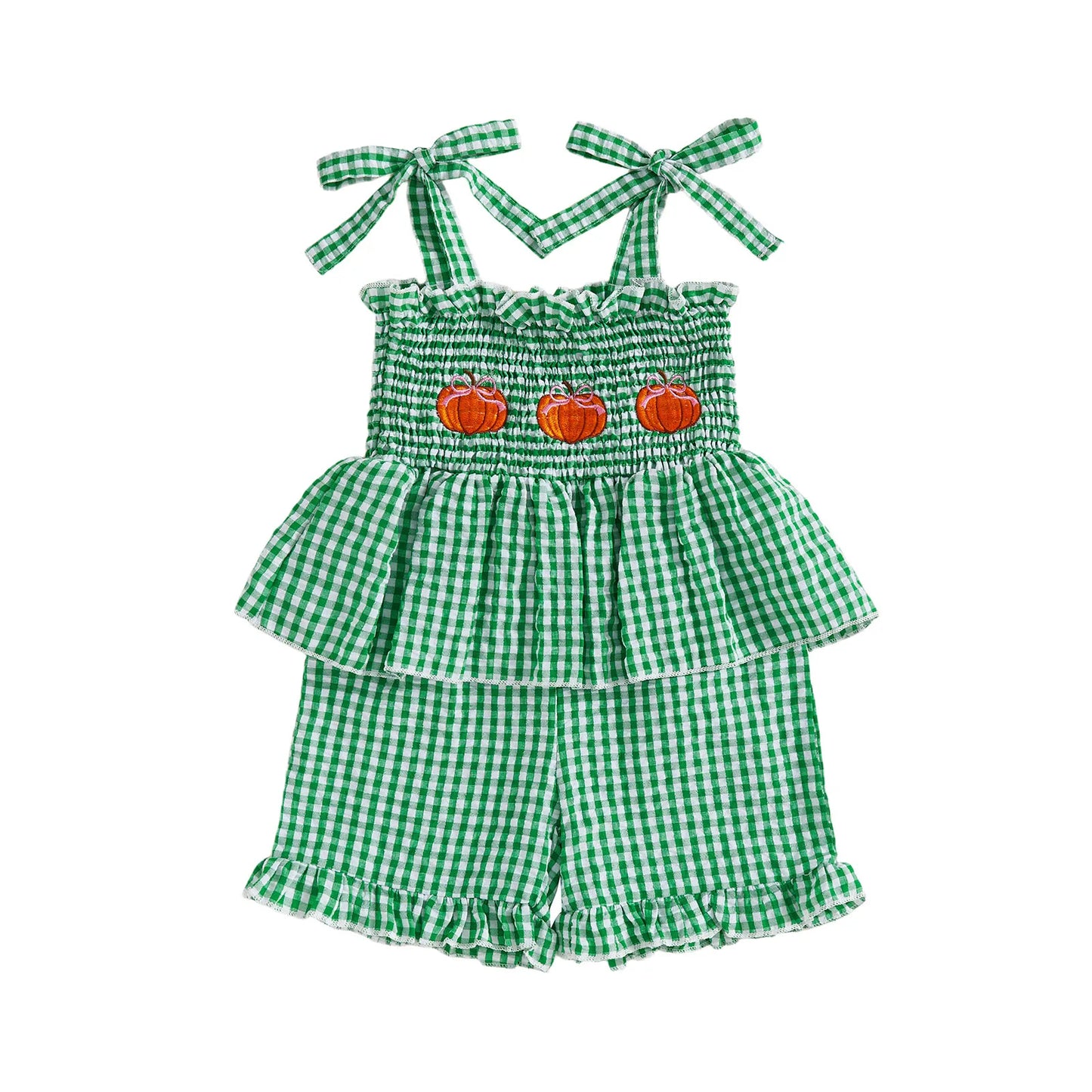 Summer Halloween Kids Girls Clothes Embroidery Pumpkin Camisole Plaid Shorts Romper Outfit