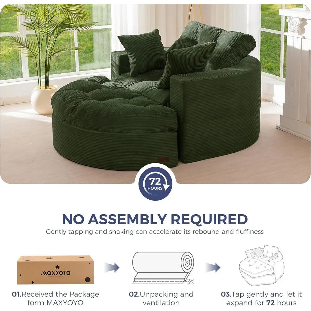 Large Round Upholstered Chaise Lounge Sofa with 3 Pillows, Ottoman, Deep Seating Sleeper Chair for Living Room or Bedroom, No As