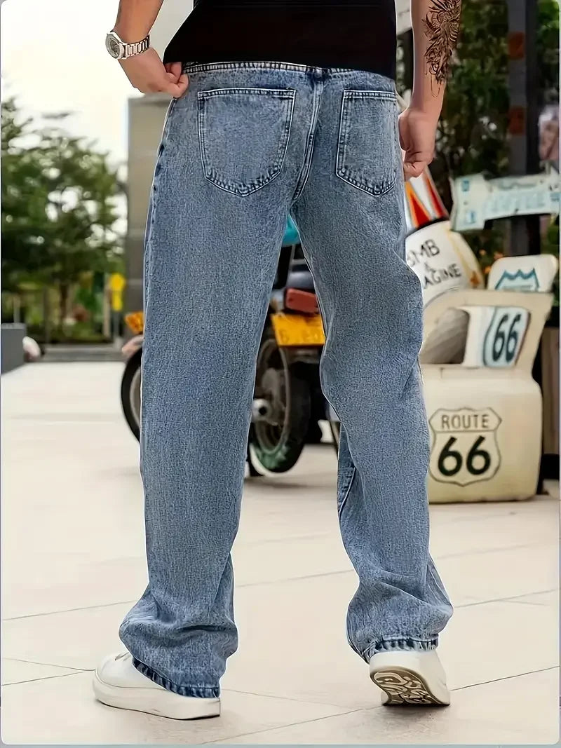 Men's Loose Fit Straight Leg Jeans - 65% Cotton 35% Polyester Blend, 390gsm Heavyweight Fabric, Japanese & Korean Streetwear Sty