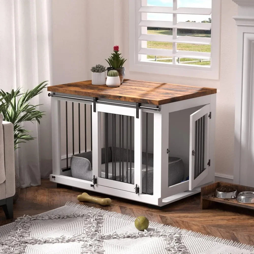 Dog Crate Furniture, Barn Door Puppy Crate with Padded Farmhouse Top and Metal Rails, White Decorative Modern Dog Crate Table